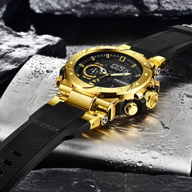 Relógio Foxbox de moda para homem, estilo desportivo com visor analógico e digital, resistência à água até 50 m e alarme integrado