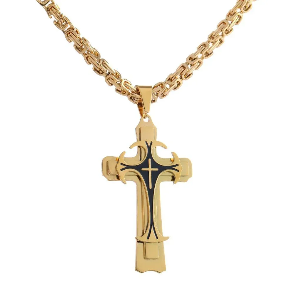 Luxury gold and silver holy cross stainless steel cross Jesus pendant necklace titanium steel hollow pendant religious Cuban chain