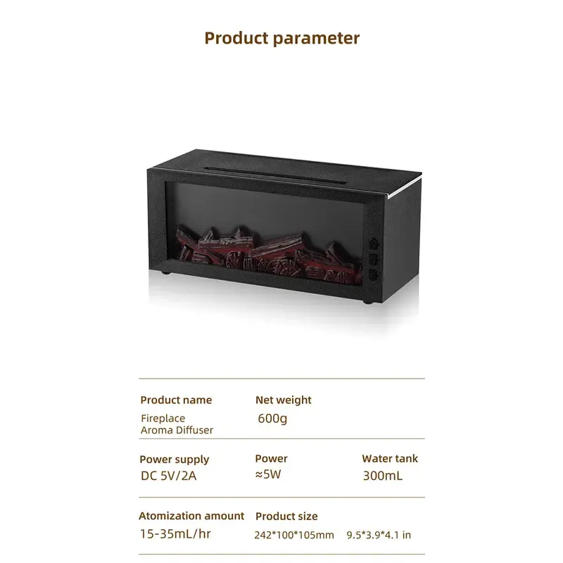 HEEYCEM Simulated Fireplace Flame Humidifier, USB Powered Atomizing Mist Maker with Night Light, Timer, Auto Shut-Off Humidifier for Home Office