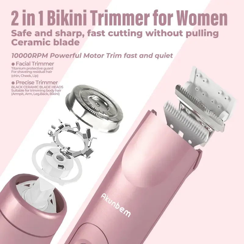 Bikini Trimmer for Women, Electric Shaver and Razor Rechargeable 2-in-1 Body and Facial Epilator, Dual Heads for Painless Trimming of Pubic Hair, Face, Underarms and Legs, IPX7 Waterproof. Christmas Gift New Year Gift Shaving Grooming