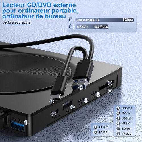 DVD Player, Plug and Play CD-ROM Drive for PC & Laptop, High-Speed 8 in 1 USB 3.0 CD DVD Burner, Compatible with Mac, Windows 11 10 8 7 Portable