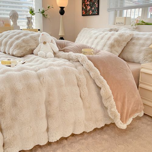 Faux Rabbit Fur Duvet Cover Set, Luxury Ultra Soft Solid Color Bedding, Warm All Season 4 Piece Set with 1 Duvet Cover and 2 Pillowcases for Bedroom, 1 sheetsSofa, Dorm