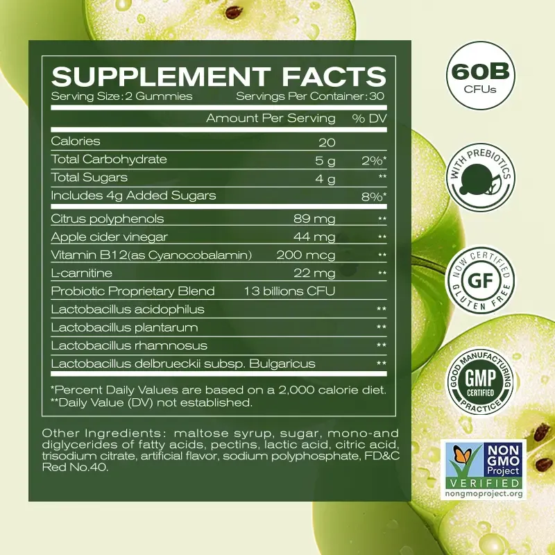 Apple Cider Vinegar Gummy VitaminsCount - Vitamin B12, Gelatin-Free, Gluten-Free, Vegan & Non-GMO,ACV Supplement | Apple Flavor Optimum Edible Dietary Fitness