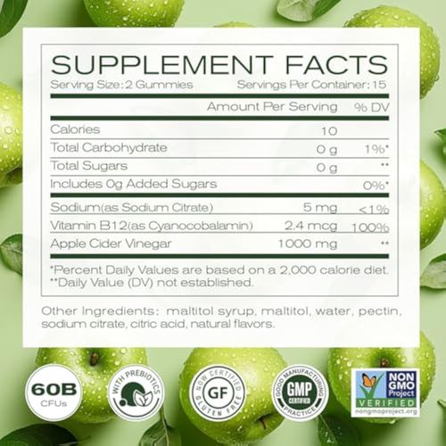 Sugar-Free Apple Cider Vinegar (ACV) Gummies with The Mother & B12, Vegan Organic Vitamin Gummies for Digestion, Energy & Metabolism,Gluten-Free, Multivitamin Support