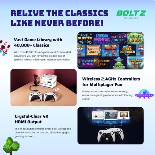 M15 Plus Retro Gaming Stick - Plug & Play Home Video Game Console with 2 Remote Controllers