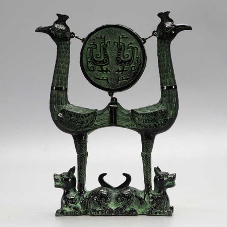 Antique-Style Bronze Artifact Warring States Period Tiger-Supported Phoenix Bird Suspended Drum Ancient Musical Instrument Double Bird Drum Stand Decorative Craft