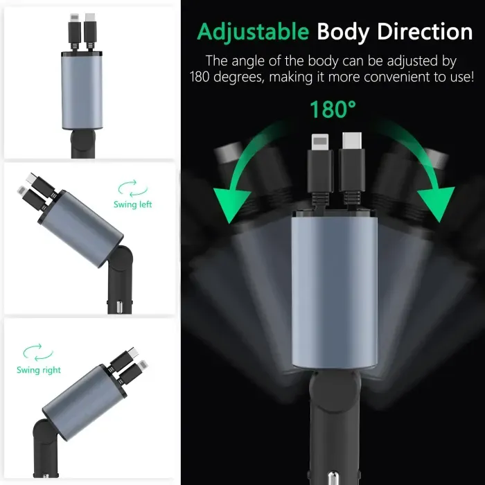 120W Super Fast Car Charger with Multi-Function Digital Display, 4-in-1 Retractable Cable Vehicle Charge