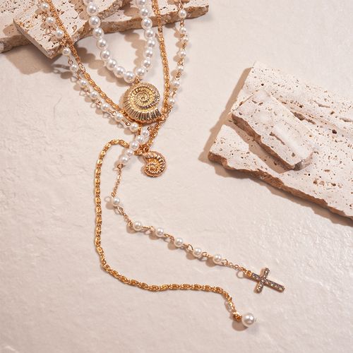 3-Piece Set: European-Style Faux Pearl & Rhinestone Conch Cross Pendant Necklace - Elegant Vacation Vibe with Premium Charm