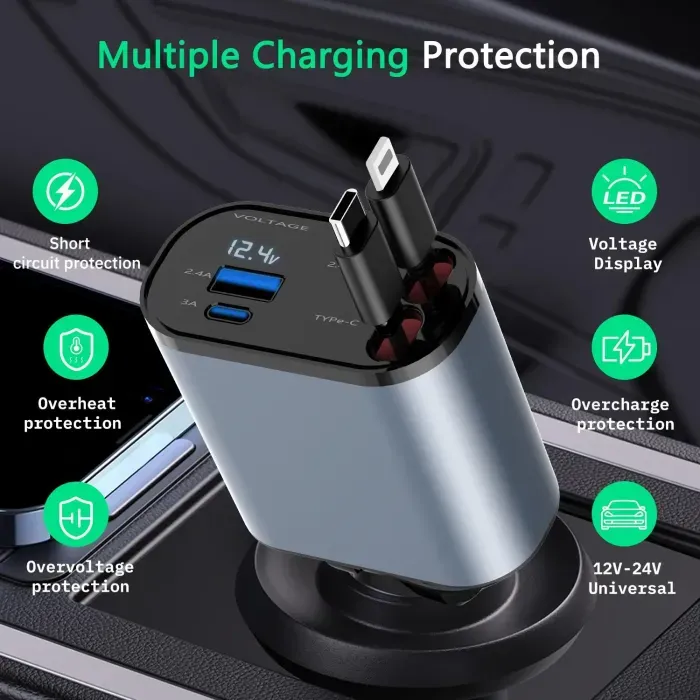 120W Super Fast Car Charger with Multi-Function Digital Display, 4-in-1 Retractable Cable Vehicle Charge