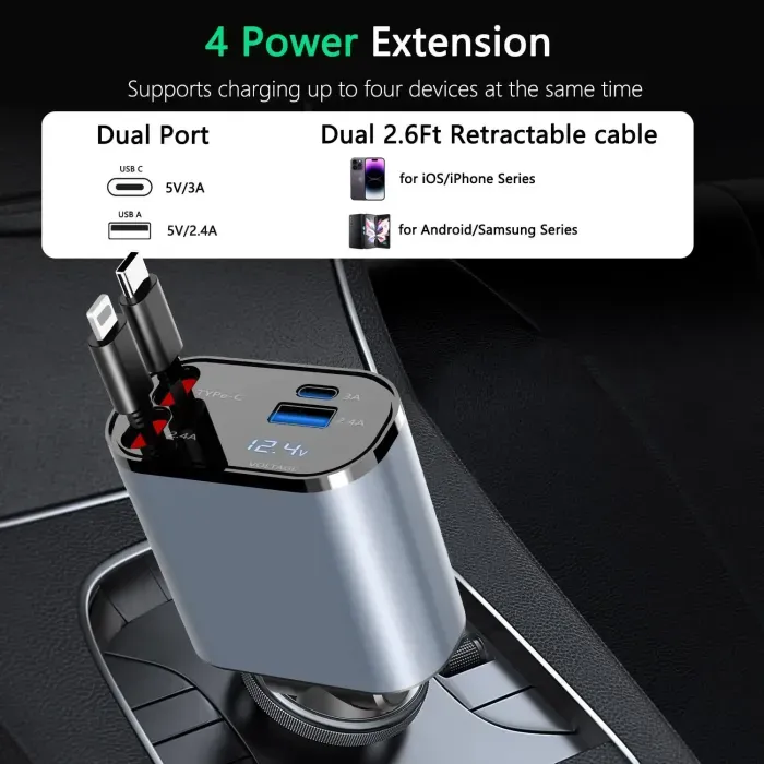 120W Super Fast Car Charger with Multi-Function Digital Display, 4-in-1 Retractable Cable Vehicle Charge