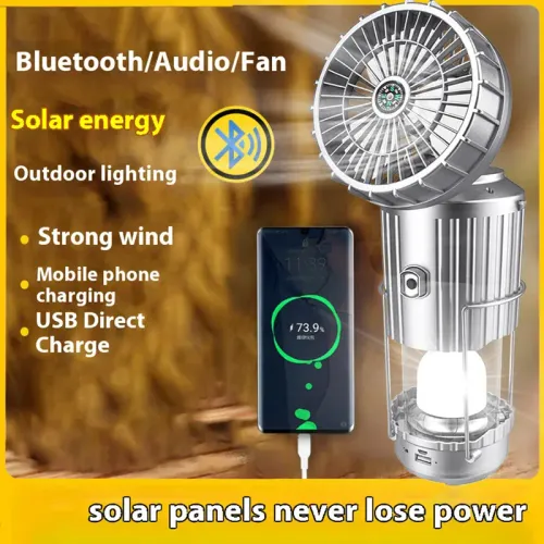 Outdoor Solar-Powered Fan with Camping Light and Bluetooth Speaker