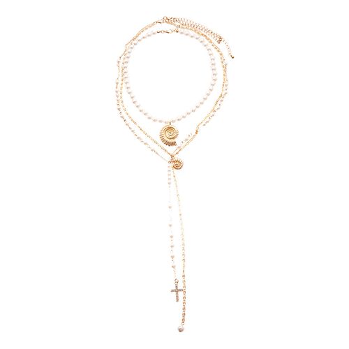 3-Piece Set: European-Style Faux Pearl & Rhinestone Conch Cross Pendant Necklace - Elegant Vacation Vibe with Premium Charm