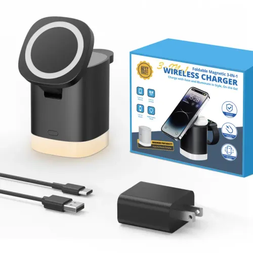 Magnetic 3-in-1 Wireless Charger, Foldable Desktop Phone Stand, Multi-Functional Charging Dock
