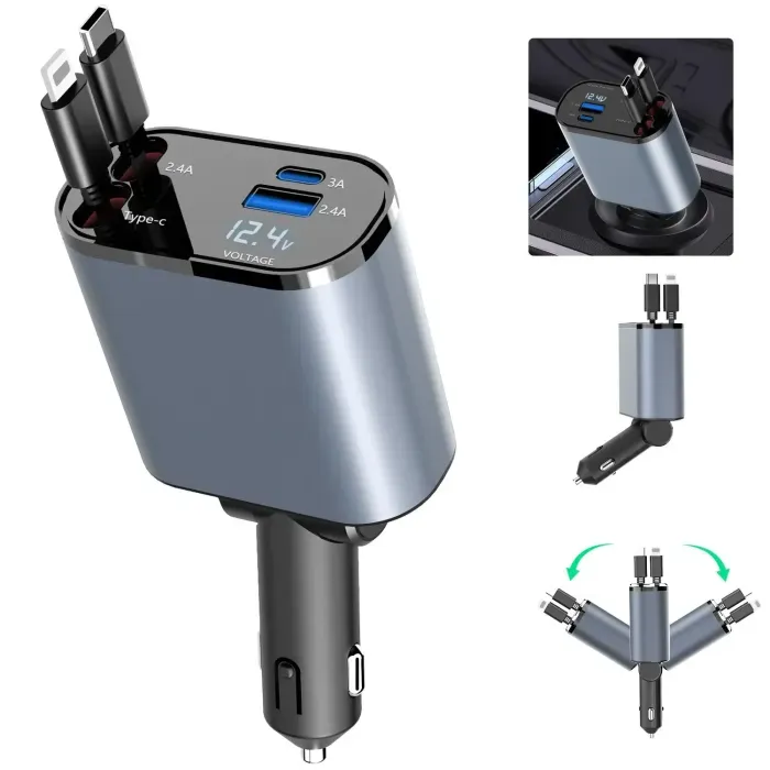 120W Super Fast Car Charger with Multi-Function Digital Display, 4-in-1 Retractable Cable Vehicle Charge