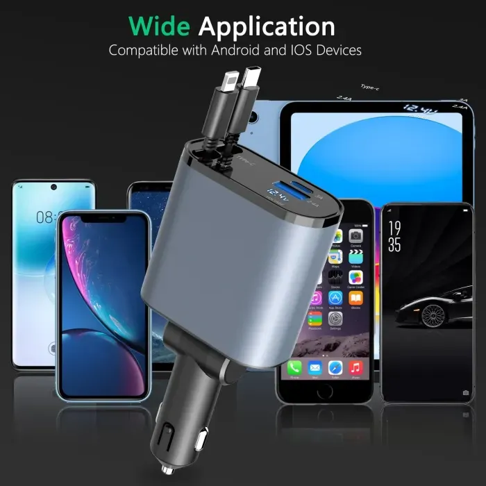 120W Super Fast Car Charger with Multi-Function Digital Display, 4-in-1 Retractable Cable Vehicle Charge