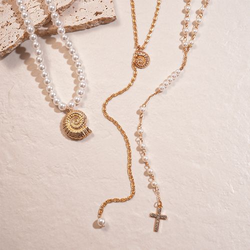 3-Piece Set: European-Style Faux Pearl & Rhinestone Conch Cross Pendant Necklace - Elegant Vacation Vibe with Premium Charm