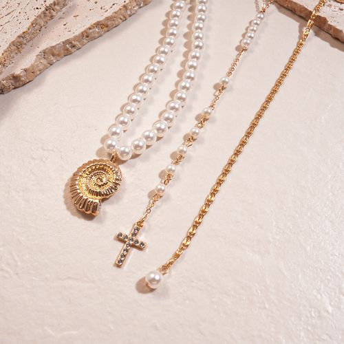 3-Piece Set: European-Style Faux Pearl & Rhinestone Conch Cross Pendant Necklace - Elegant Vacation Vibe with Premium Charm