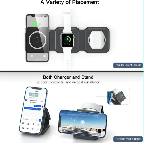 15W Foldable Magnetic Wireless Charger: 3-in-1 Portable Charging Station