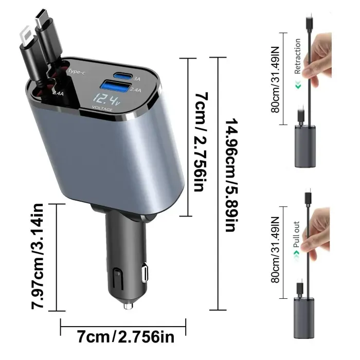 120W Super Fast Car Charger with Multi-Function Digital Display, 4-in-1 Retractable Cable Vehicle Charge