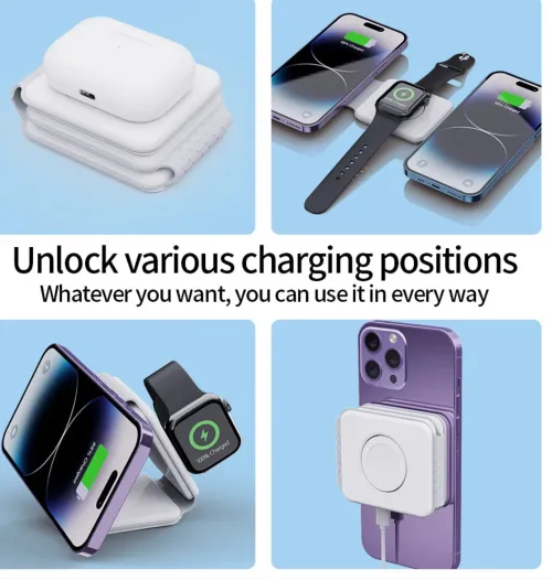 15W Foldable Magnetic Wireless Charger: 3-in-1 Portable Charging Station