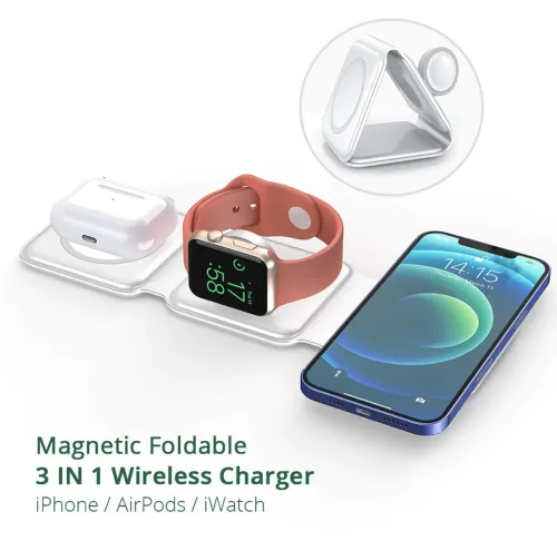 15W Foldable Magnetic Wireless Charger: 3-in-1 Portable Charging Station