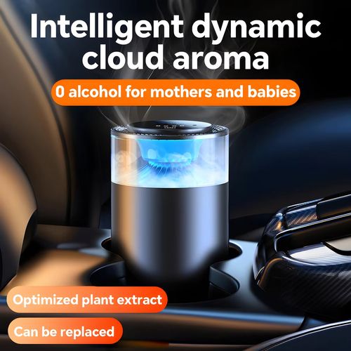 Perfume inteligente para automóvel, freshener de ar, aroma diffuser para carro com iluminação de ambiente e efeito de nebulosa.
