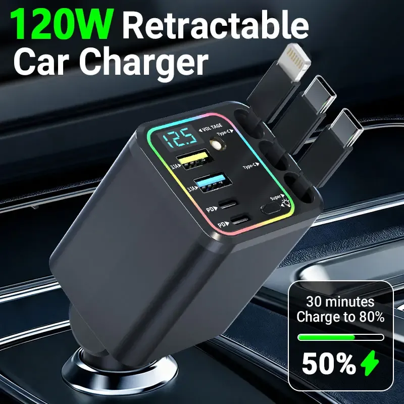 Nuokaiqi Car 7-in-1 Fast Charger with 3 Retractable Cables, Car Star Light,180° Direction Adjustment, LED Display, Compact Design, Premium Materials, Ideal for Road Trips