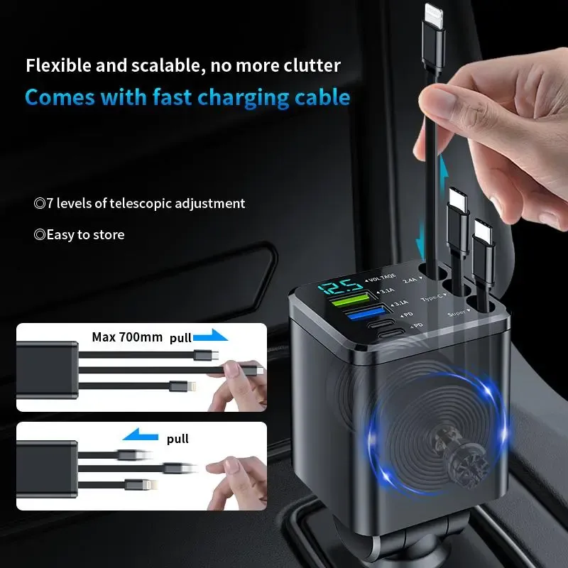 Nuokaiqi Car 7-in-1 Fast Charger with 3 Retractable Cables, Car Star Light,180° Direction Adjustment, LED Display, Compact Design, Premium Materials, Ideal for Road Trips