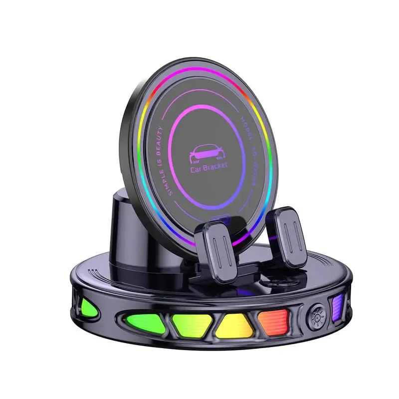 360° Rotating Wireless Charging Car Phone Mount with RGB Ambient Light Ultra-Stable Vacuum Suction Auto-Lock Holder for Dashboard Windshield Fits iPhone Android