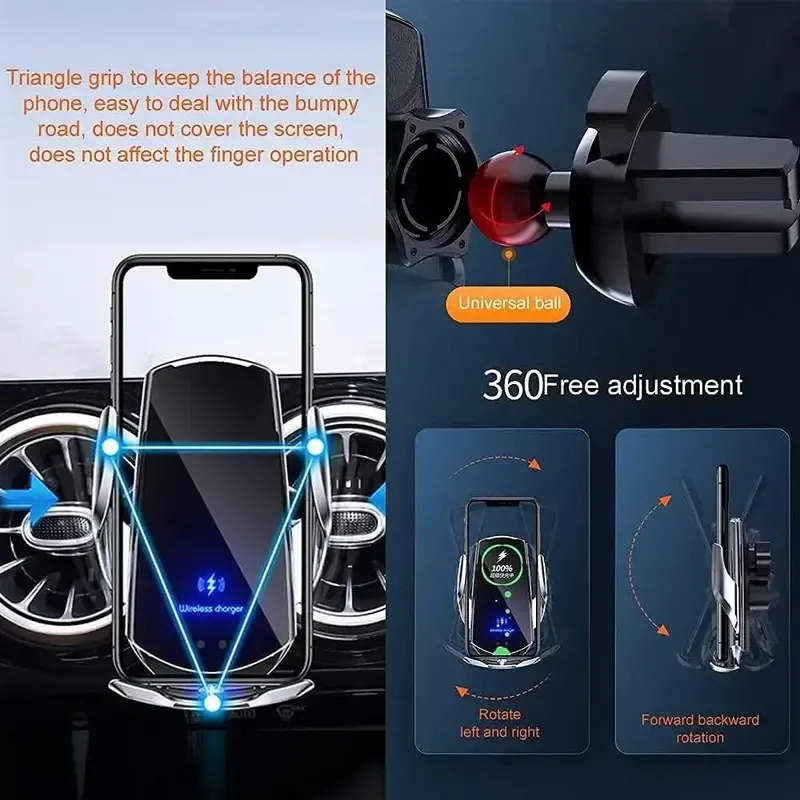 15W Wireless Car Charger, Automotive Electric Induction Wireless Charger, Car Vent Mount Bracket, Fast Charging Auto-clamping Car Phone Holder Mount, Induction Technology, Smart Car Charger