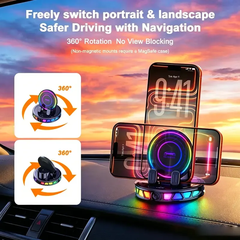 360° Rotating Wireless Charging Car Phone Mount with RGB Ambient Light Ultra-Stable Vacuum Suction Auto-Lock Holder for Dashboard Windshield Fits iPhone Android