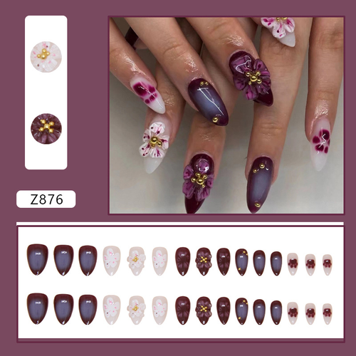 30Pcs Mid-length Almond False Nails Press on 3D Flower Design Full Cover Nails Tips Art for Woman Datachable Finished Fake Nails