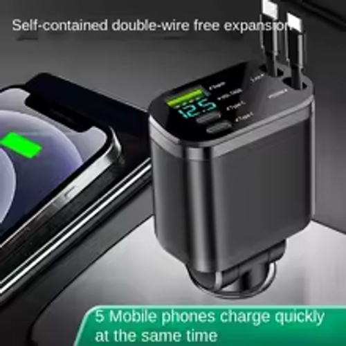 Car charger, car charger with retractable cable, car PD, car fast charging, super fast charging, flash charging, five in one cig
