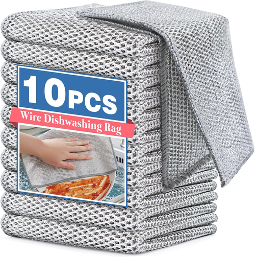 10 Pcs Wire Dishwashing Rag, Double-Layer Non Scratch Wire Dishcloth Multipurpose Wire Miracle Cleaning Cloths for Dry and Wet Cleaning, Metal Dish Cloth for Cookware, Sinks, Dishes, Stove Tops