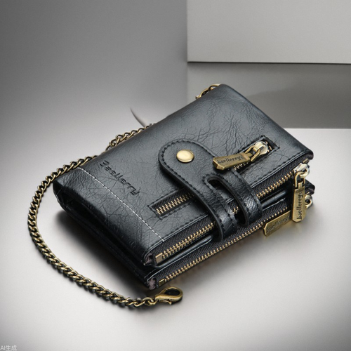 New Men Wallets PU Leather Short Card Holder Chain Luxury Brand Men's Purse High Quality Classic Retro Male Wallet