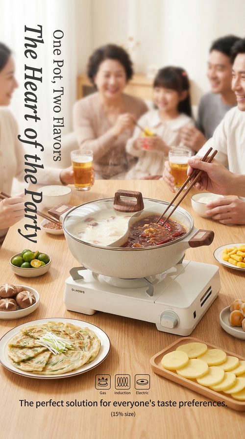 5L Split Hot Pot – 320mm Large Capacity | Fast-Heating Compound Base | Perfect for 8-Person Family & Friend Gatherings