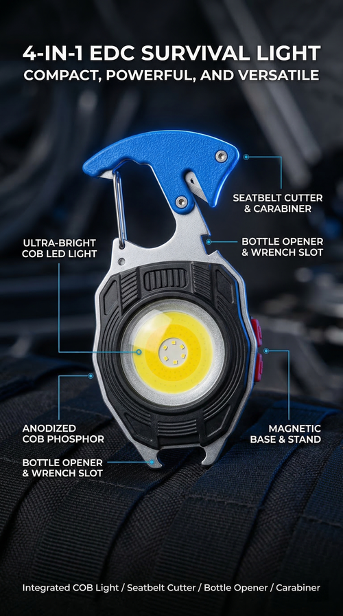 COB Portable Keychain Flashlight | USB Rechargeable Mini Work Light with Bottle Opener & Emergency Knife | Waterproof Pocket Light for Camping, Hiking, Outdoor Emergencies