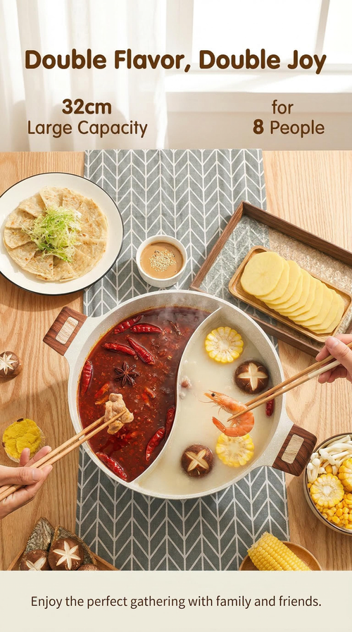 5L Split Hot Pot – 320mm Large Capacity | Fast-Heating Compound Base | Perfect for 8-Person Family & Friend Gatherings