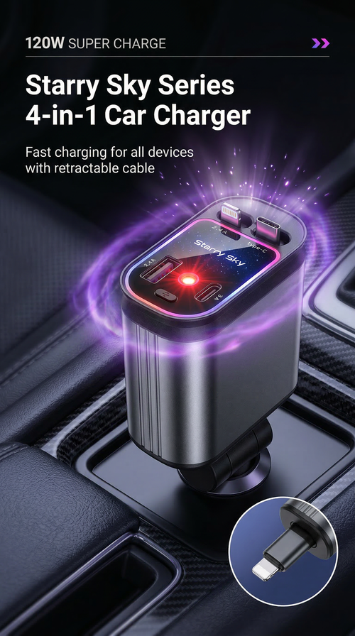 120W Super Fast Car Charger | 4-in-1 Retractable Cables | Starry Sky Light | Universal Cigarette Lighter Adapter for All Vehicles