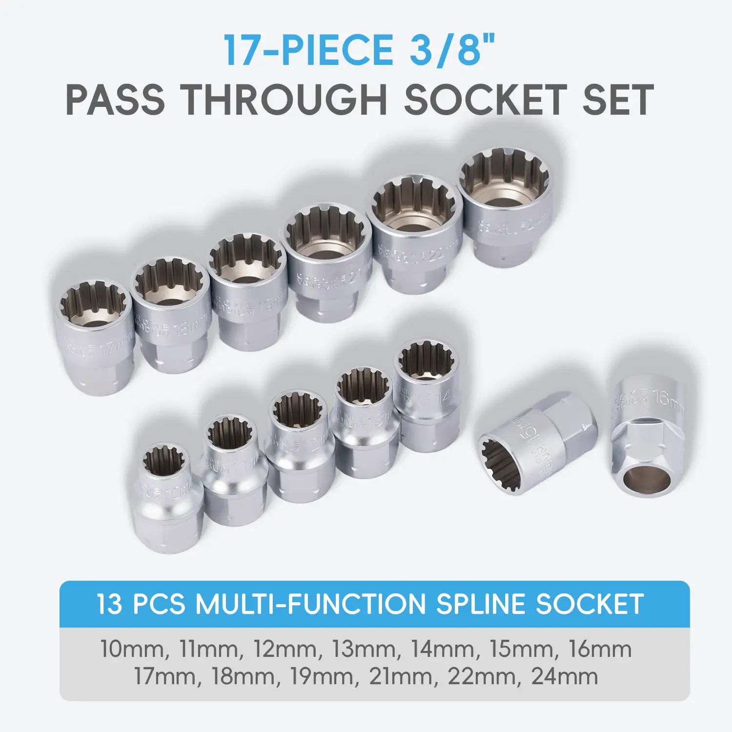 17-Piece 3 8 Pass Through Socket Set with 19mm Ratchet Handle and Quick Release Adapters