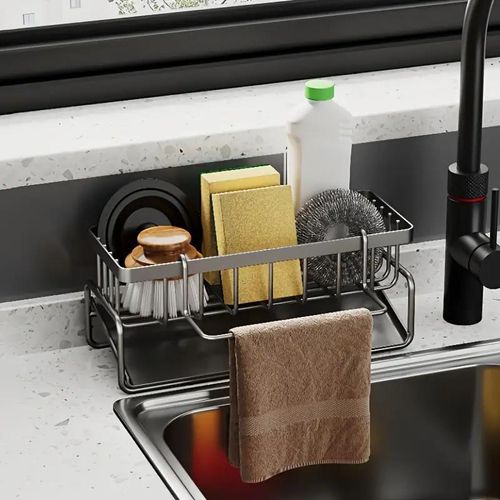 Rustproof Sink Organizer with Drain Tray and Towel Hook for Bathroom and Kitchen