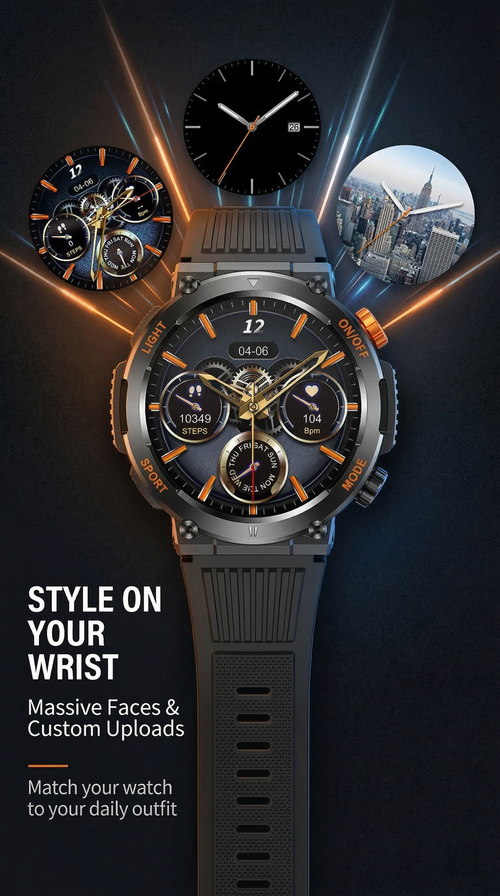 Rugged Black Smart Watch | Bluetooth Call | Custom Dial Face | Heart Rate & Blood Pressure Monitor | Multi-Sport Fitness Tracker for Men