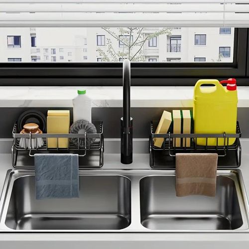 Rustproof Sink Organizer with Drain Tray and Towel Hook for Bathroom and Kitchen