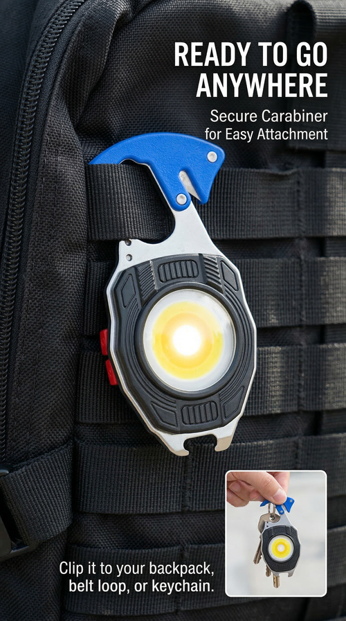 COB Portable Keychain Flashlight | USB Rechargeable Mini Work Light with Bottle Opener & Emergency Knife | Waterproof Pocket Light for Camping, Hiking, Outdoor Emergencies