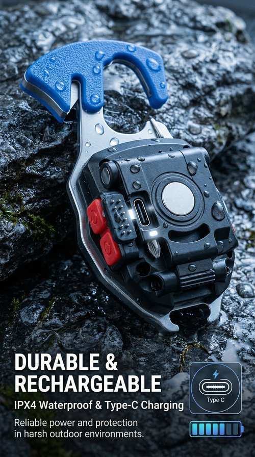 COB Portable Keychain Flashlight | USB Rechargeable Mini Work Light with Bottle Opener & Emergency Knife | Waterproof Pocket Light for Camping, Hiking, Outdoor Emergencies