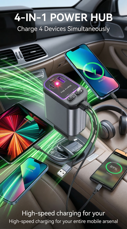 120W Super Fast Car Charger | 4-in-1 Retractable Cables | Starry Sky Light | Universal Cigarette Lighter Adapter for All Vehicles