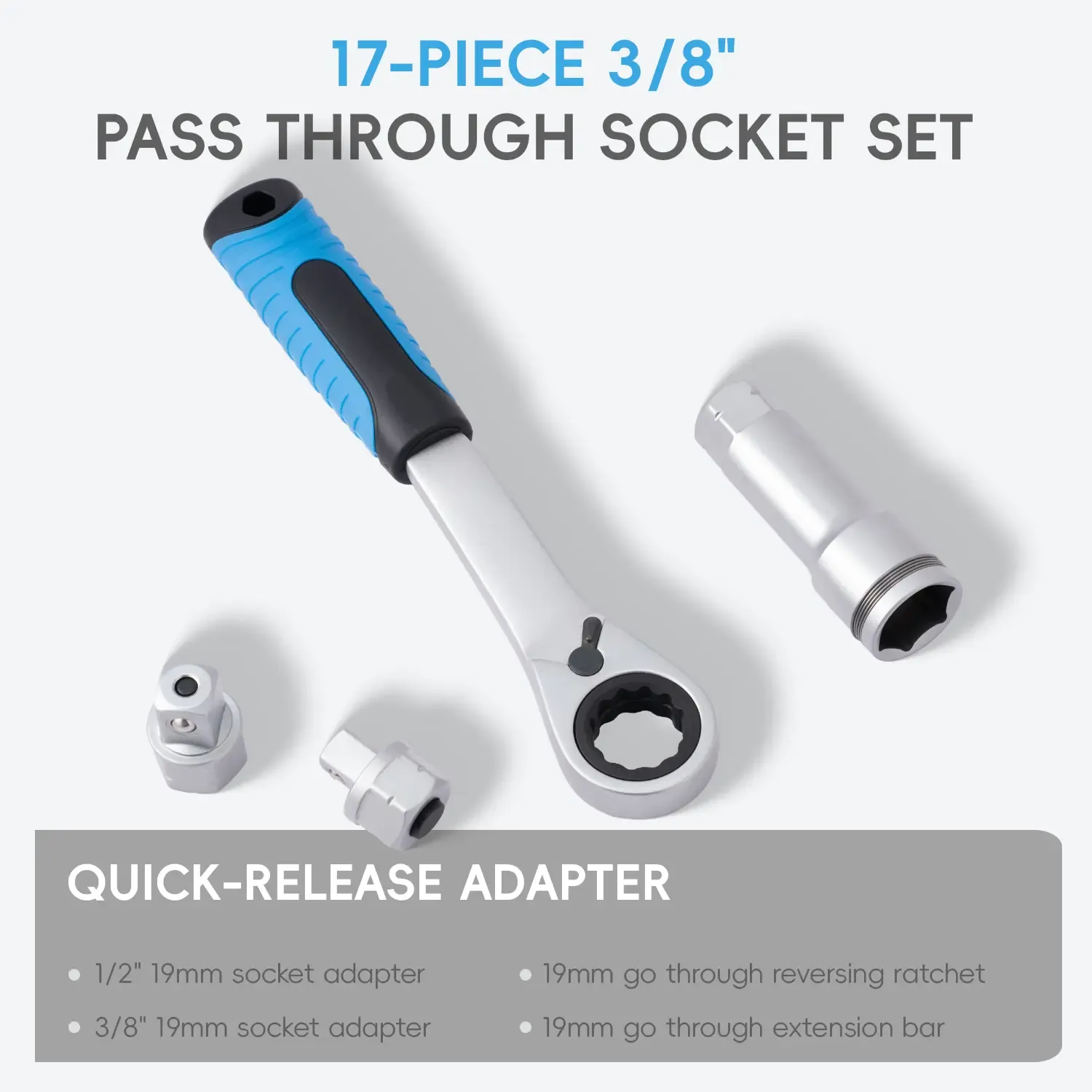 17-Piece 3 8 Pass Through Socket Set with 19mm Ratchet Handle and Quick Release Adapters