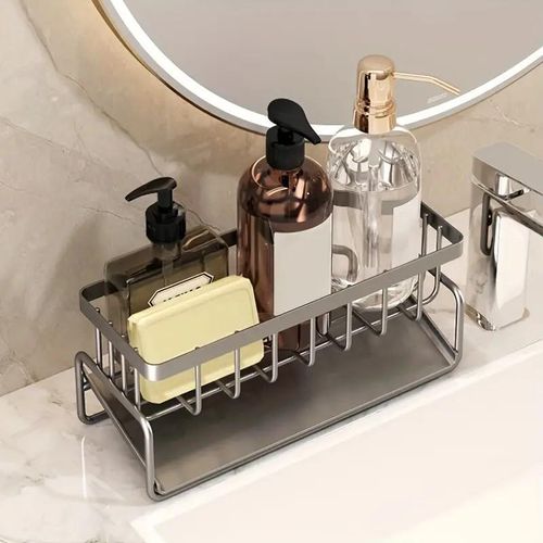 Rustproof Sink Organizer with Drain Tray and Towel Hook for Bathroom and Kitchen