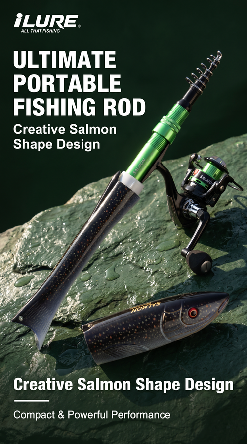 Lightweight Portable Fishing Rod and Reel Combo Retractable Salmon Shape High Carbon Material Ready for Nile Perch and More
