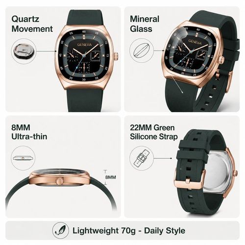 First Batch — Ion-Plated Rose Gold Square Watch with Green Strap | Free Delivery